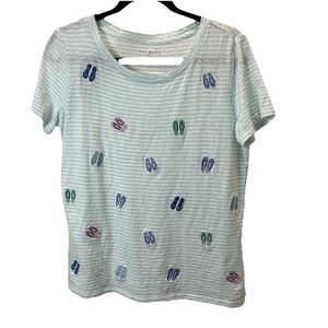 Talbots Petite Striped Blue Flip Flops Embroidered Shirt Novelty Beachy Women MP